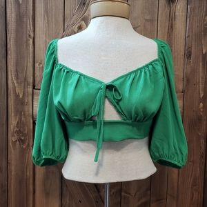 Shein NWT Green Crop Cutout Top Peasant Sleeves Size L
